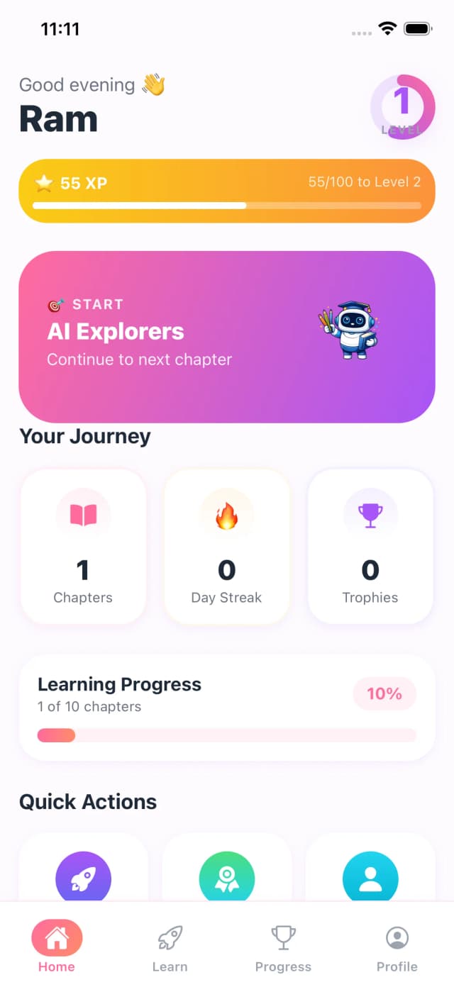 LittleAIMaster Home Dashboard showing progress tracking, XP, and learning journey