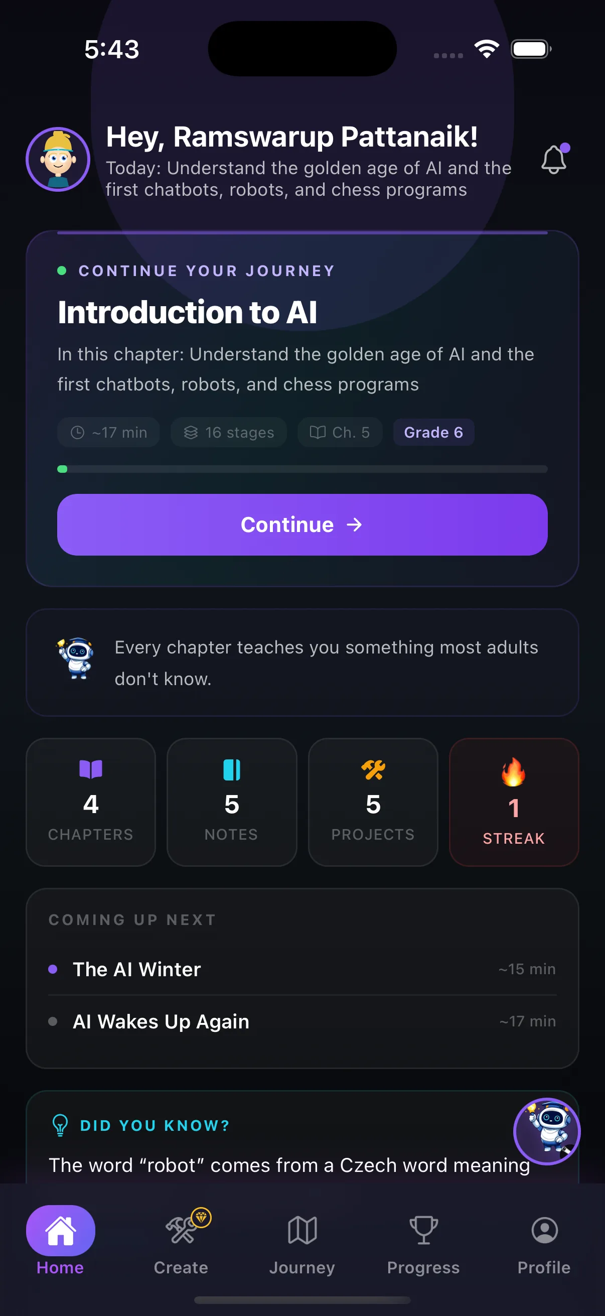 Home dashboard with continue-learning prompt and daily streak