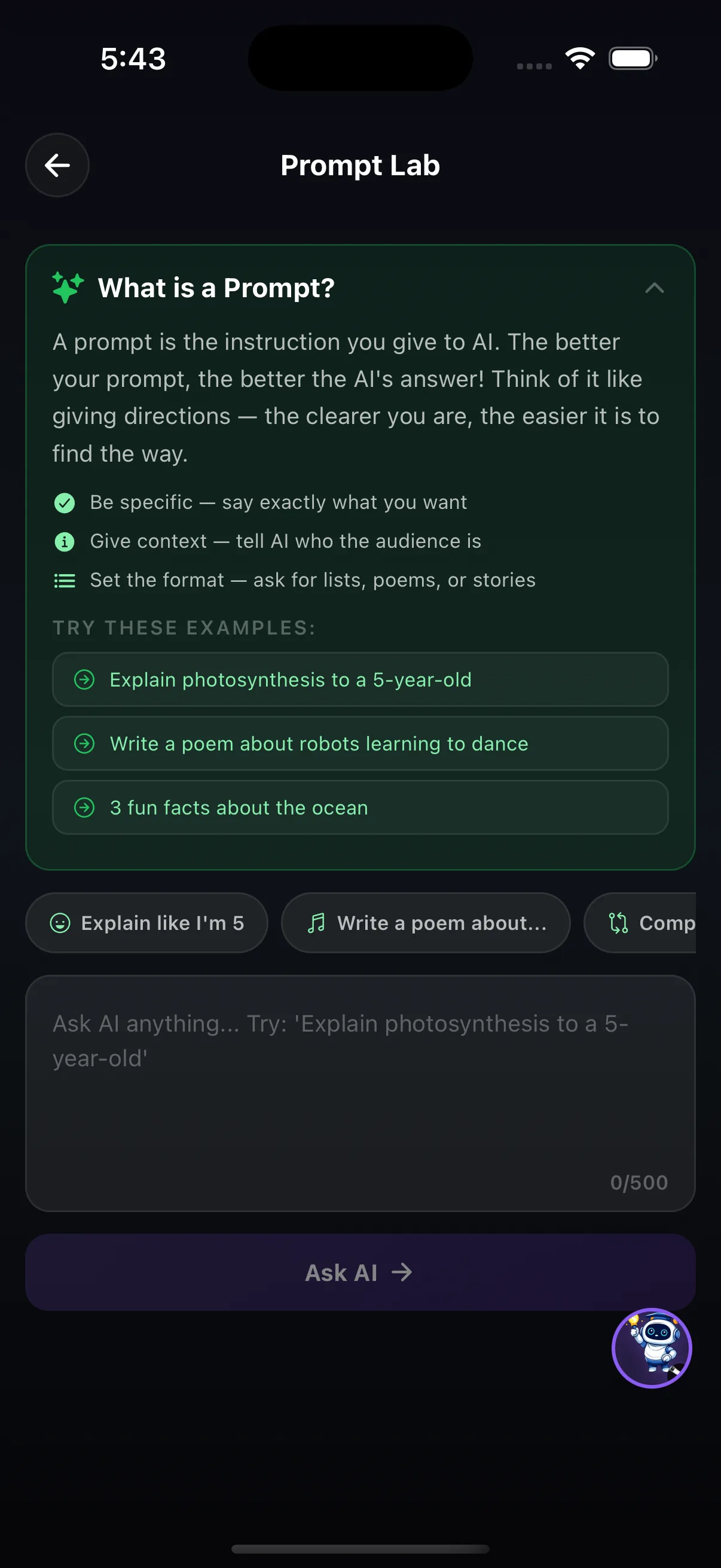 Prompt Lab with prompting tips, example prompts and an Ask AI box