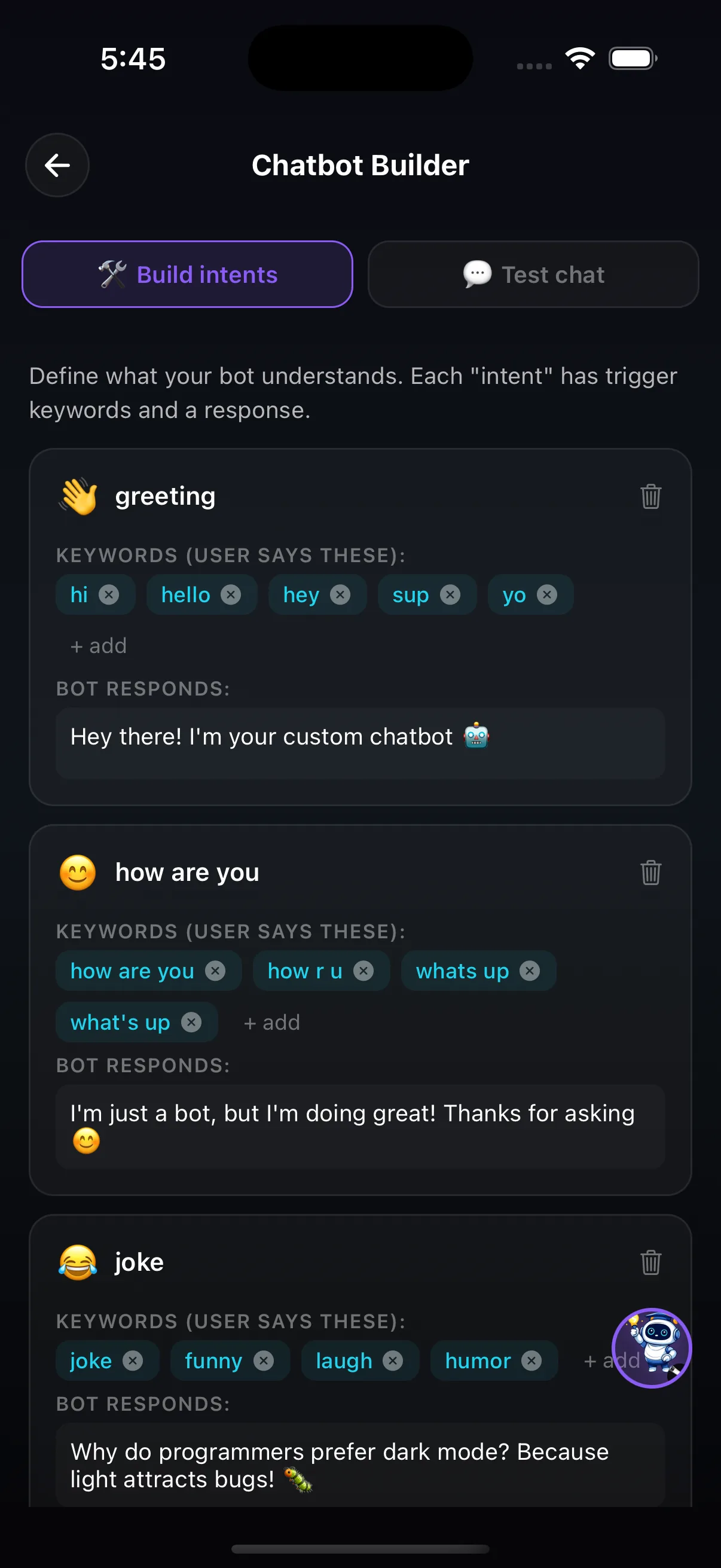 Chatbot Builder: greeting, how are you and joke intents with keywords and bot responses