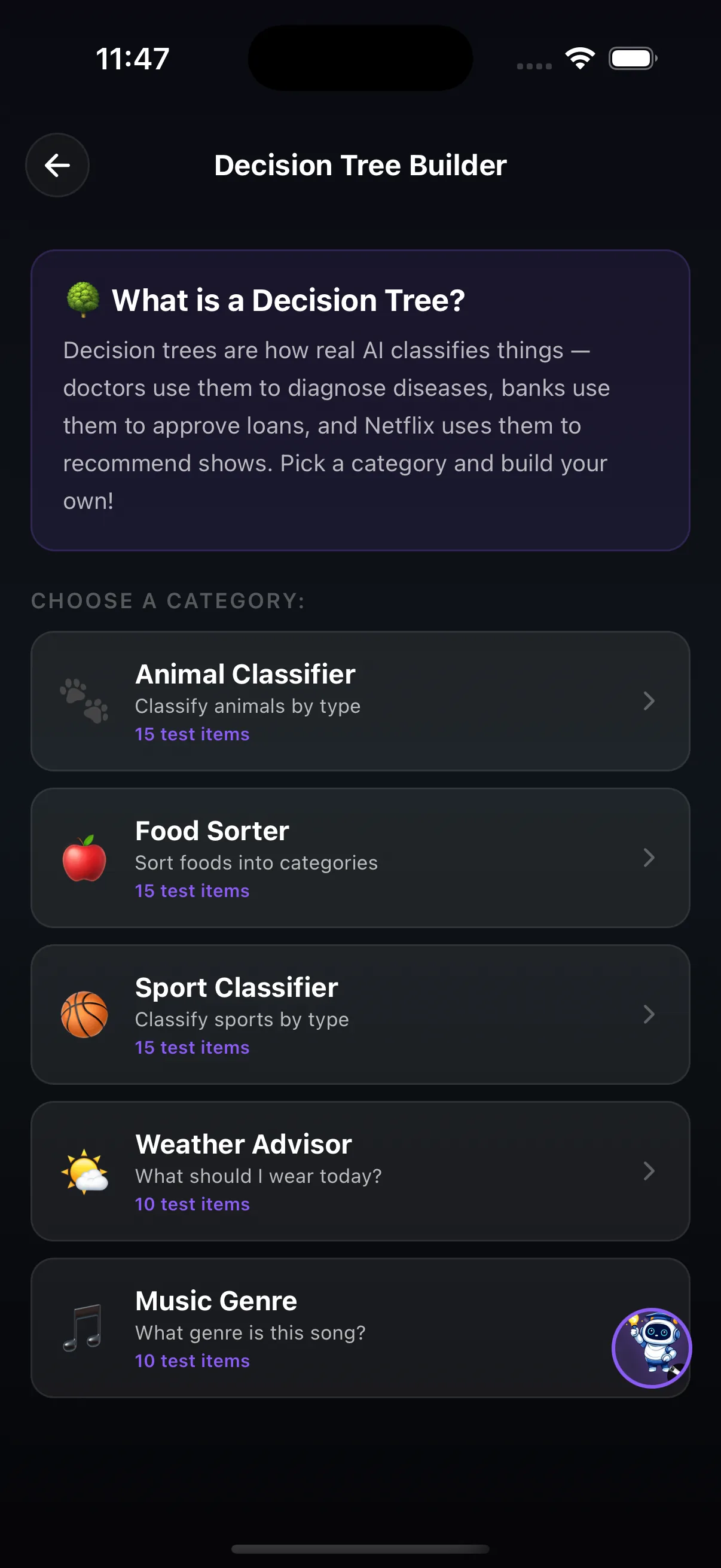 Decision Tree Builder category screen: Animal Classifier, Food Sorter, Sport Classifier, Weather Advisor and Music Genre