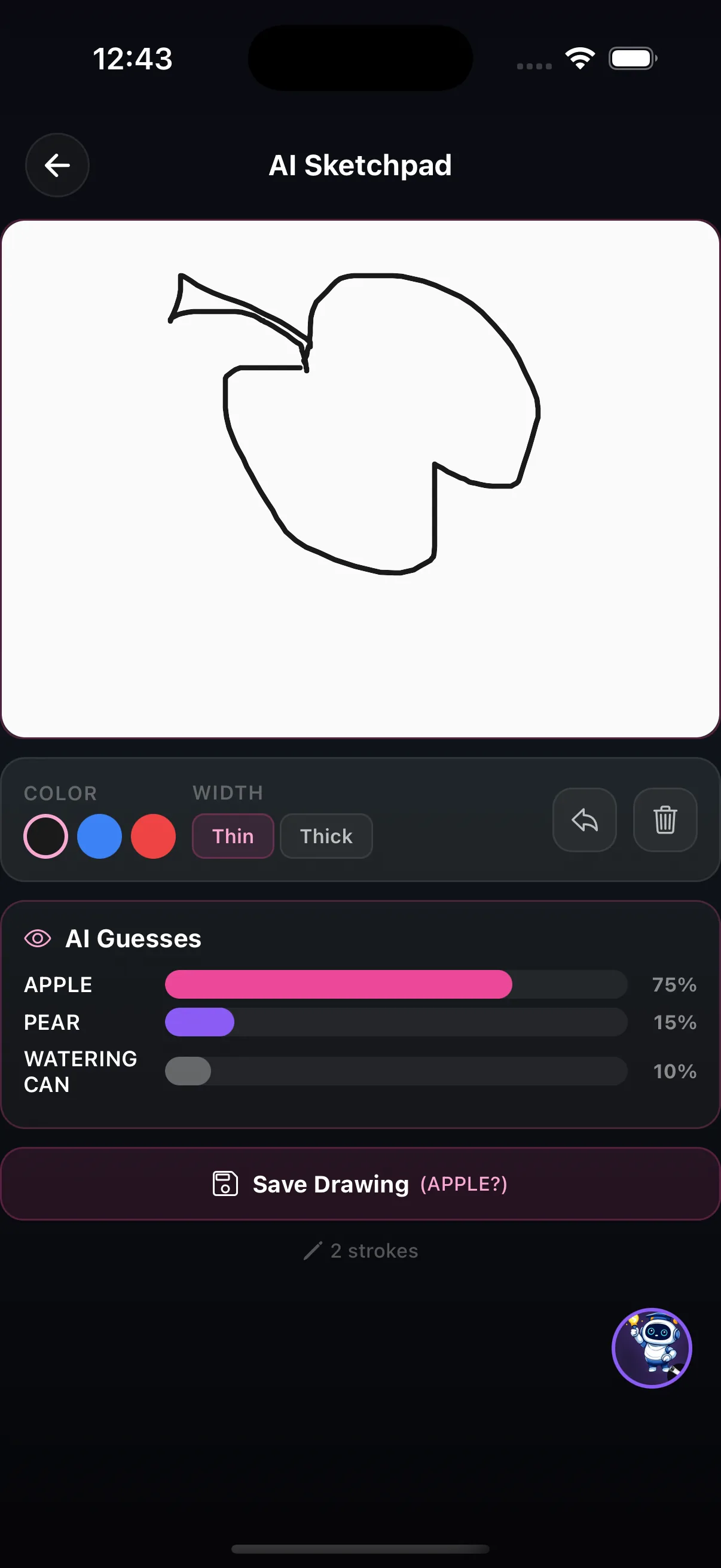 AI Sketchpad: a drawing of an apple with AI guesses and confidence scores
