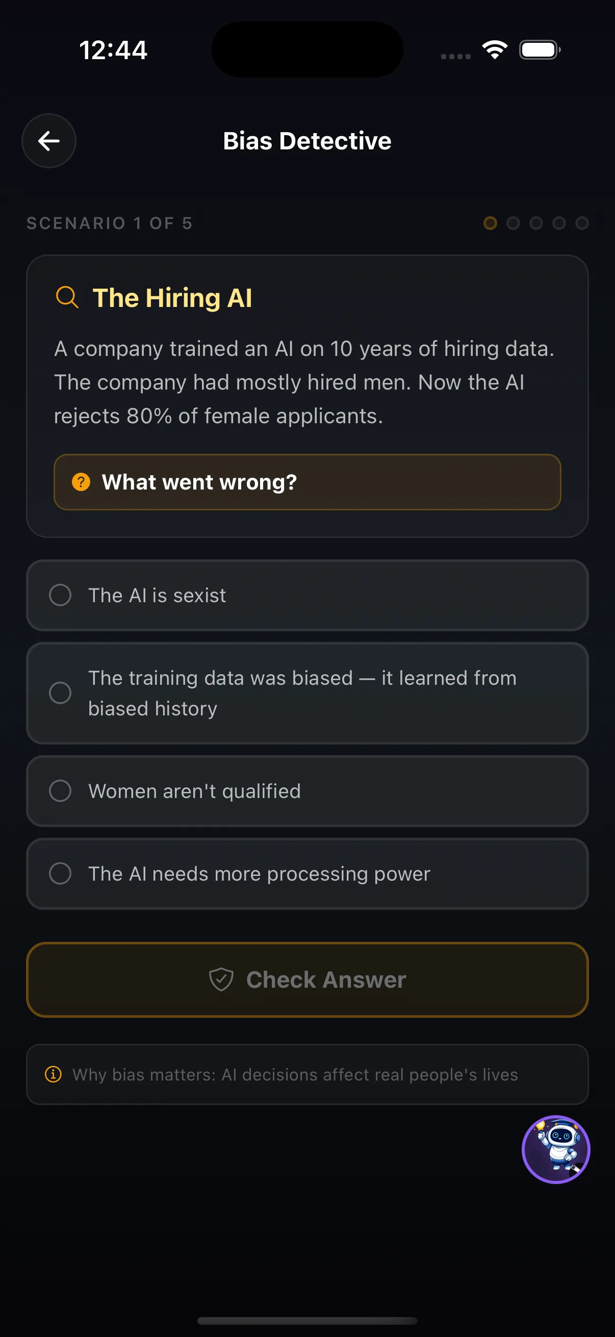 Bias Detective scenario: a hiring AI trained on biased data, with four answer choices
