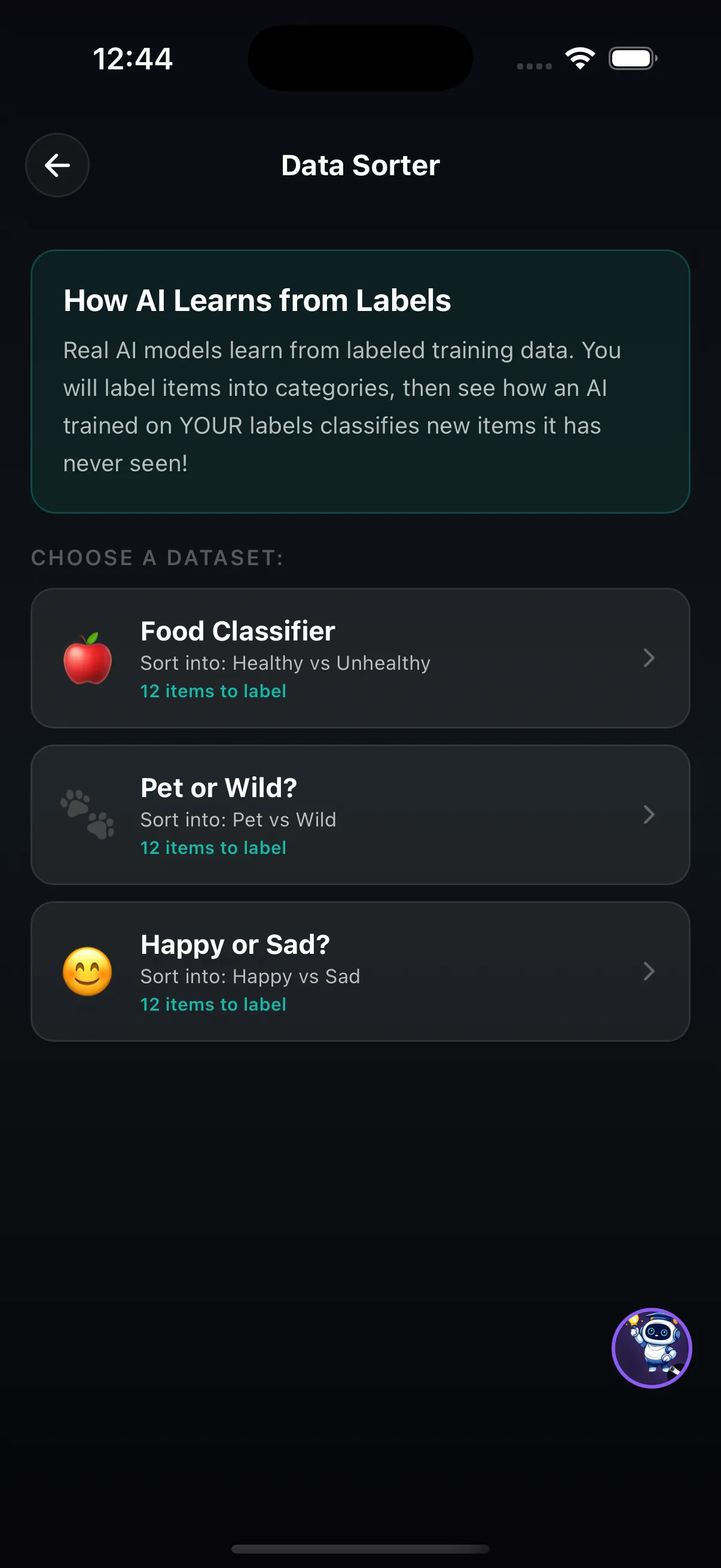Data Sorter datasets: Food Classifier, Pet or Wild and Happy or Sad, 12 items each