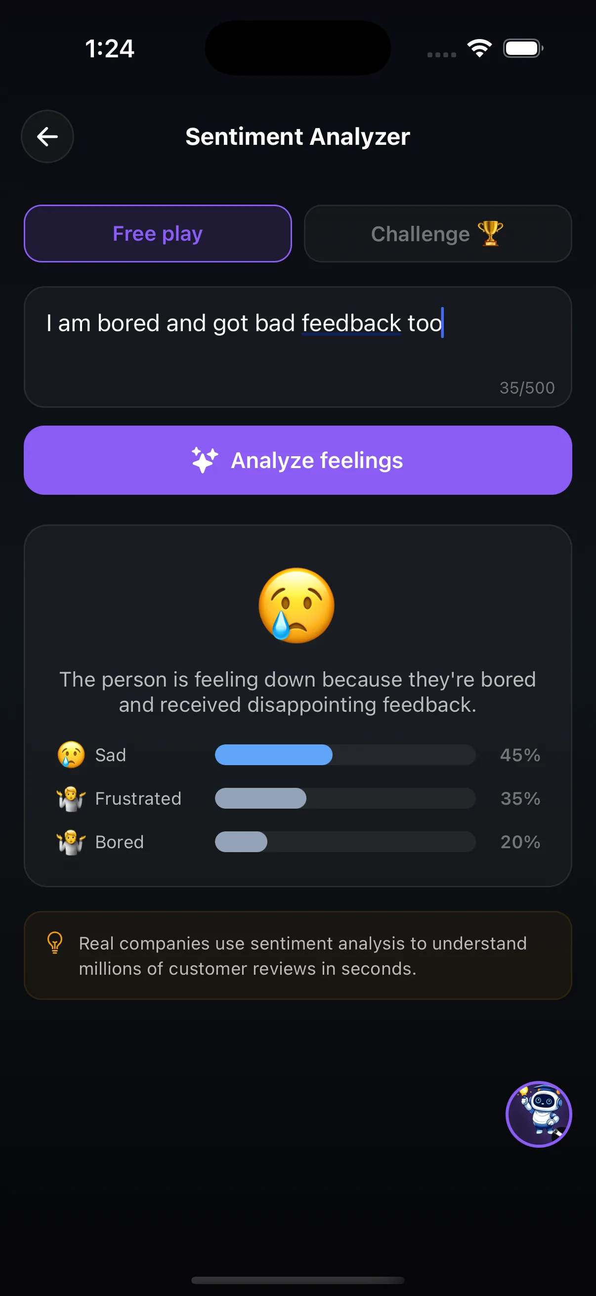 Sentiment Analyzer reading a sentence as sad, frustrated and bored with percentages