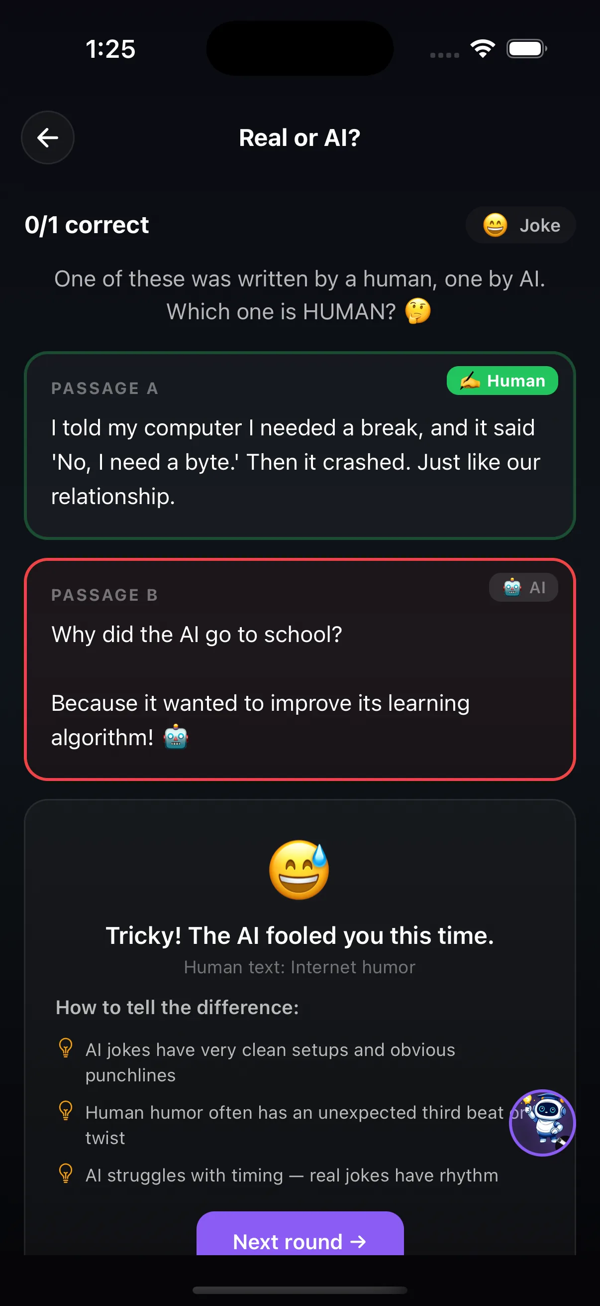 Real or AI round: two jokes, one by a human and one by AI, with tips to tell the difference