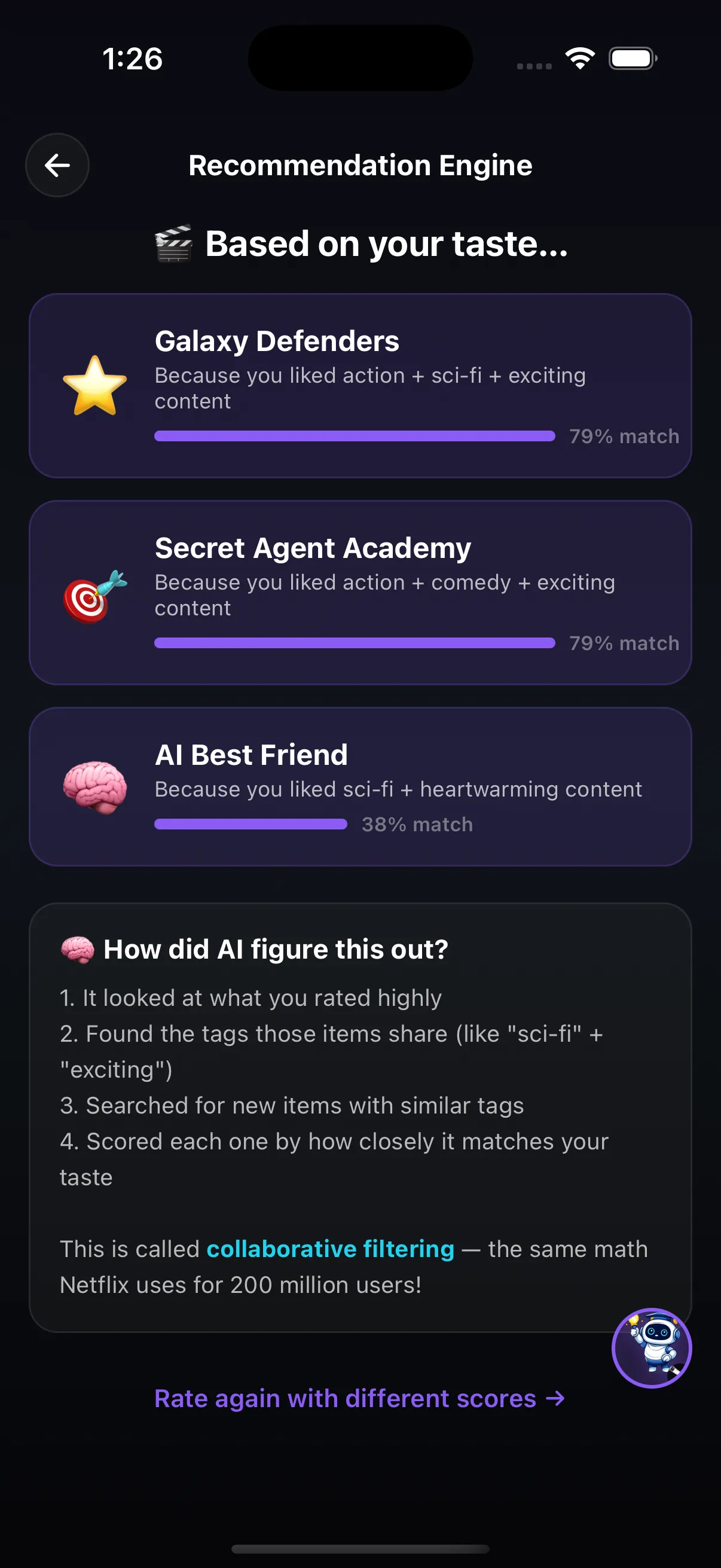 Recommendation Engine results showing % match scores and the reason for each recommendation