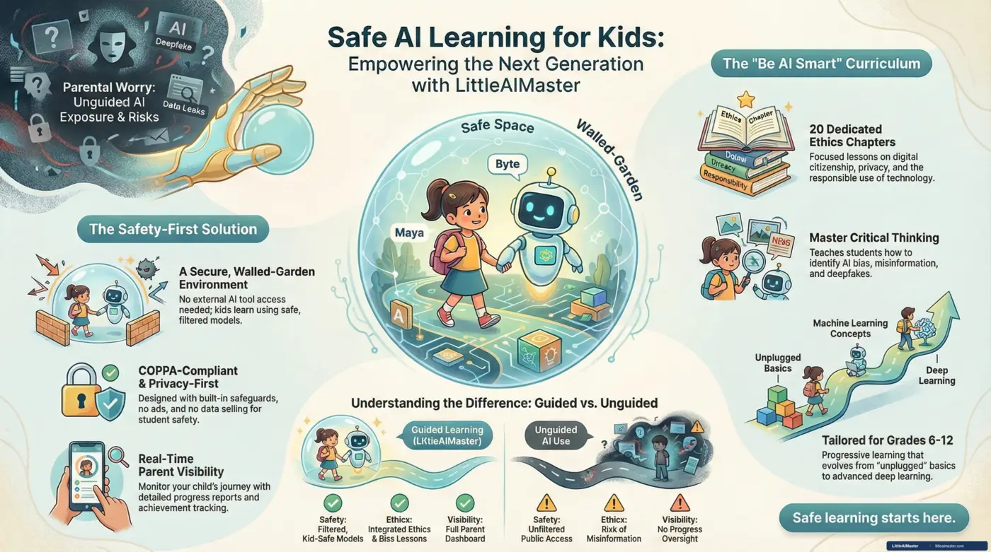 An infographic showing child-safe AI learning, privacy protection, guided learning, and curriculum safeguards