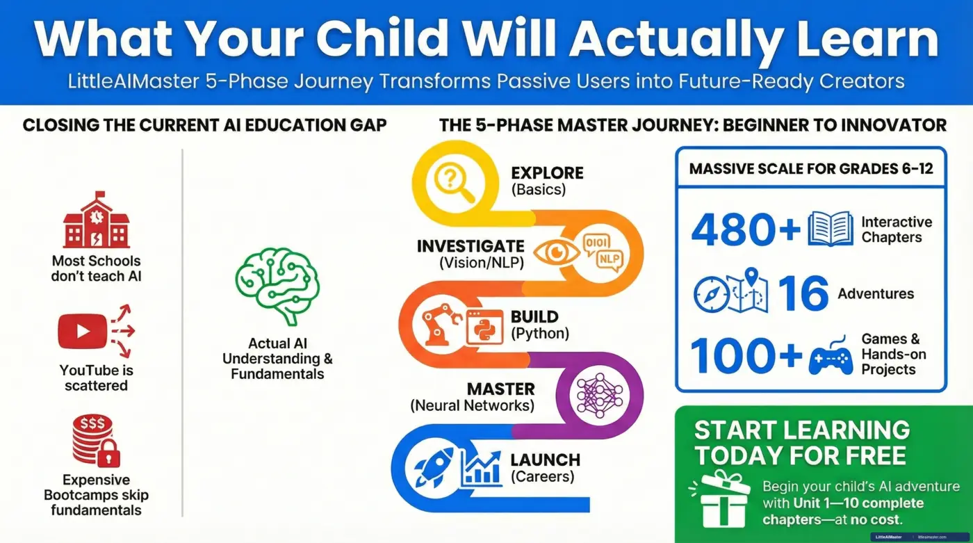A visual summary of the LittleAIMaster learning journey from AI basics to advanced understanding for Grades 6-12